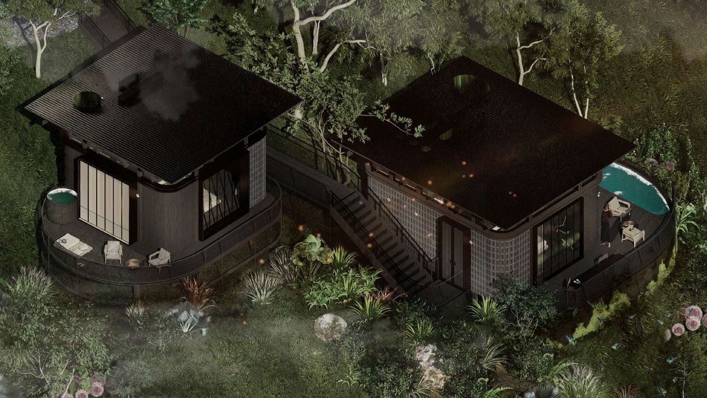 Villa de Awita vista desde arriba, con cubierta oscura, piscina y deck rodeados de vegetación.