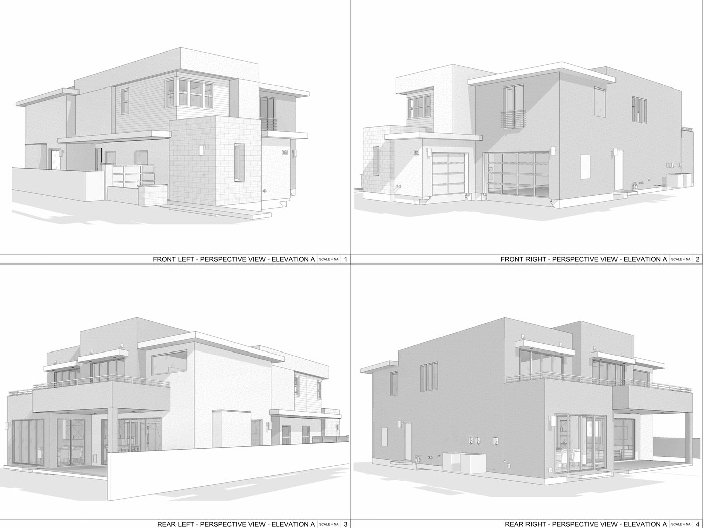 Cuatro perspectivas del modelo BIM de la vivienda: frente izquierdo, frente derecho, posterior izquierdo y posterior derecho.