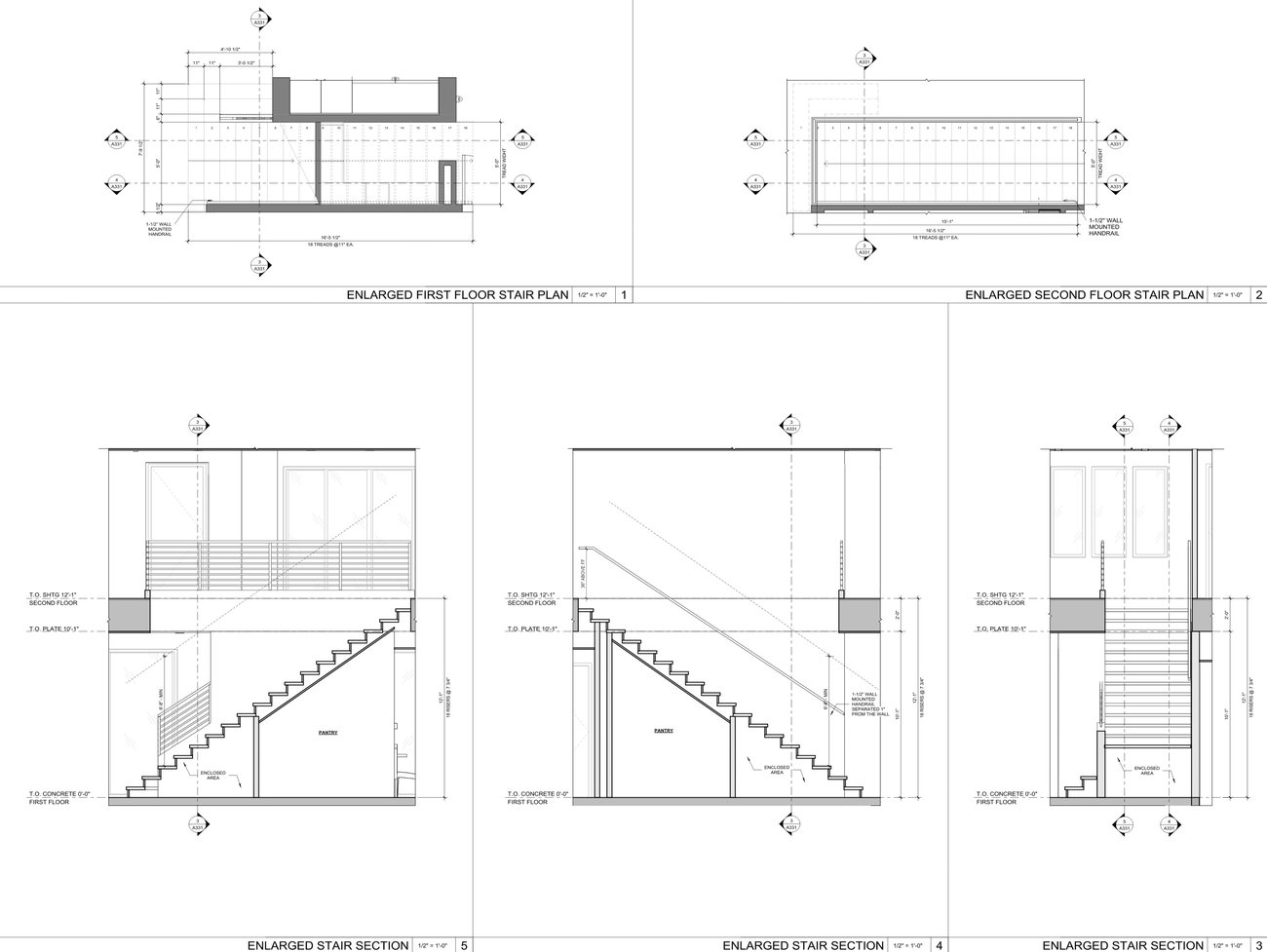 Ampliaciones de escalera: plantas ampliadas y tres secciones de escalera acotadas.