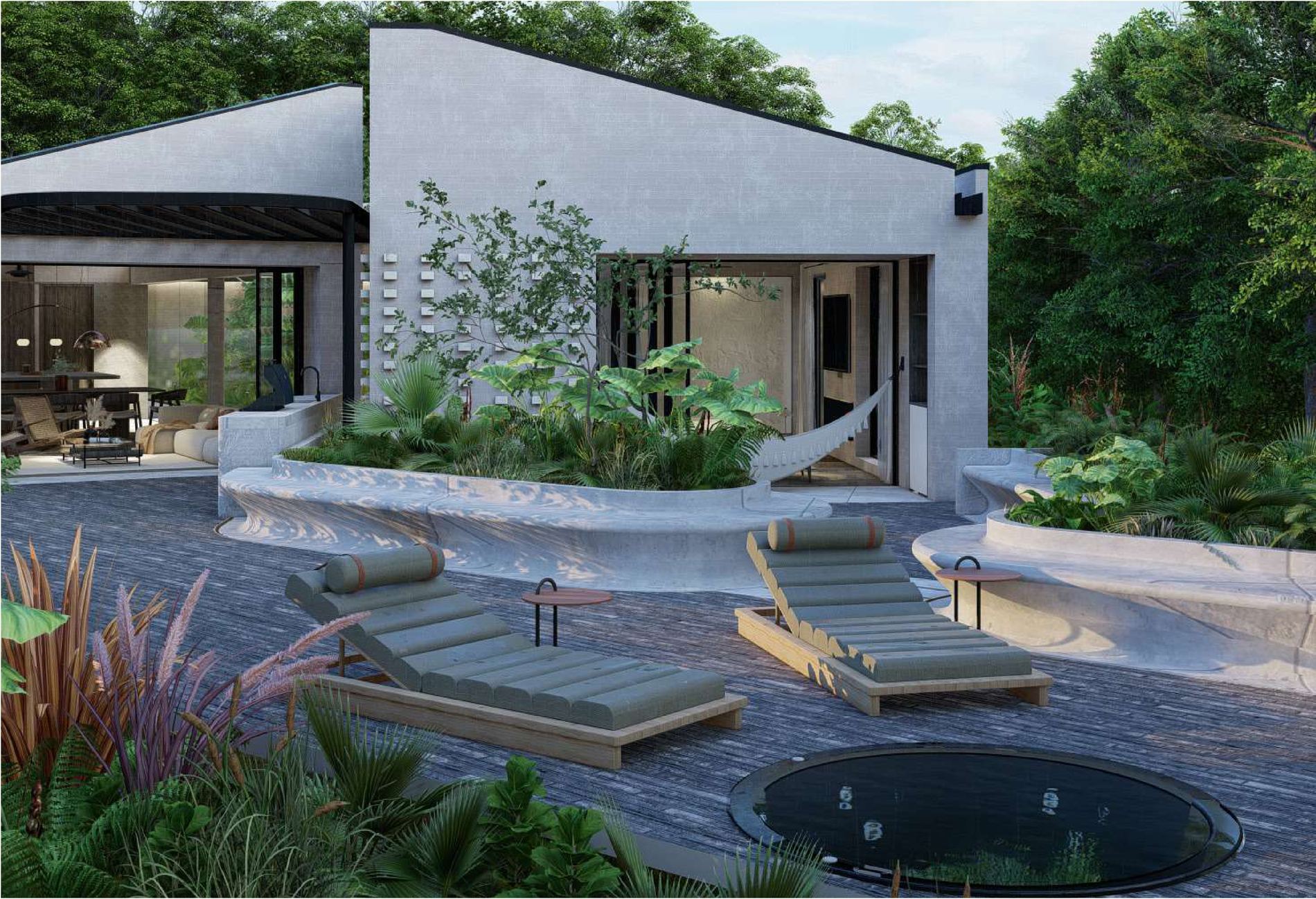 Casa Pelmon: patio exterior con piscina, tumbonas y vegetación, rodeado por los volúmenes de la casa.