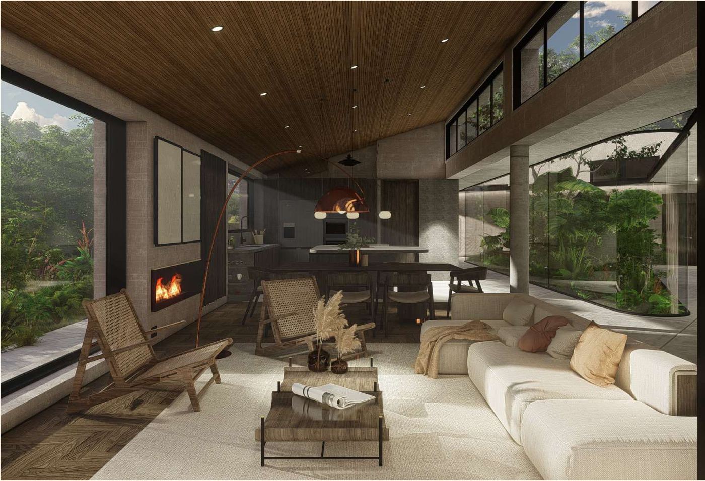 Sala de Casa Pelmon con chimenea, cielo de madera y ventanales hacia el bosque.