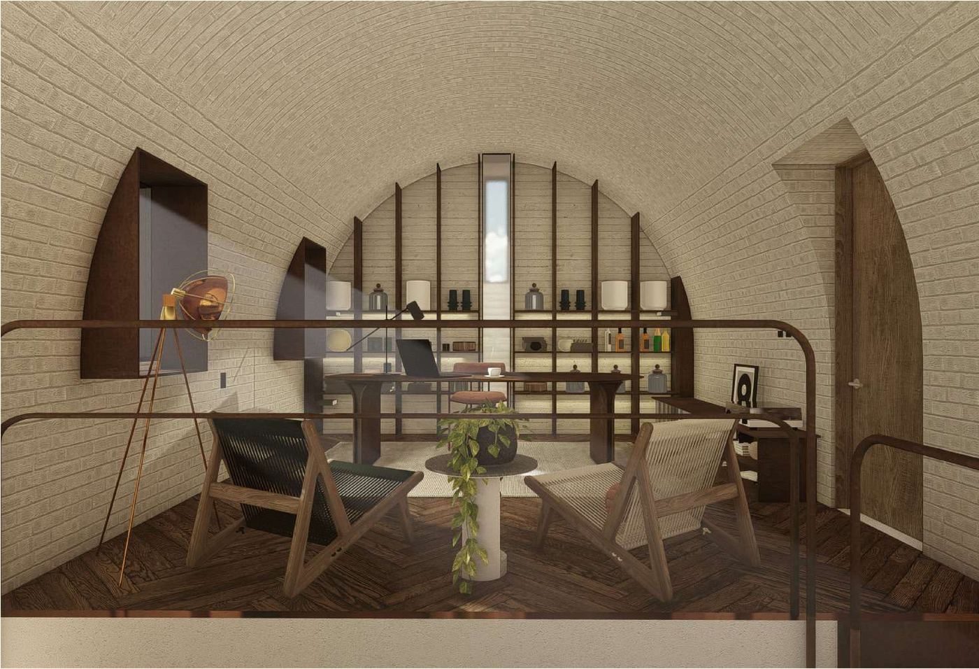 Comedor del penthouse bajo bóveda de ladrillo, con bar acristalado al fondo.