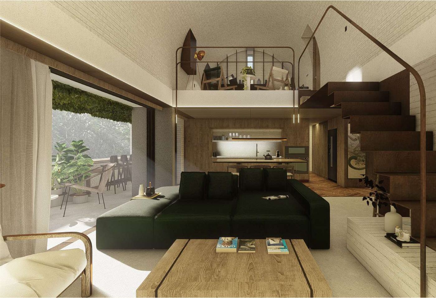 Sala del penthouse con sofá verde, mesa de centro de madera y altillo con barandas metálicas.