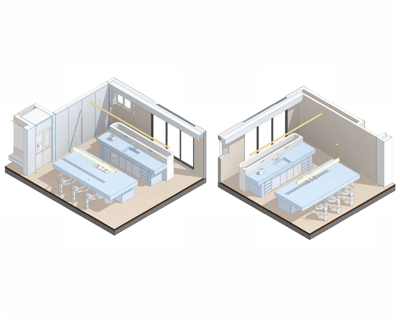 Dos isometrías de la cocina que muestran la isla, los muebles altos y la iluminación integrada.